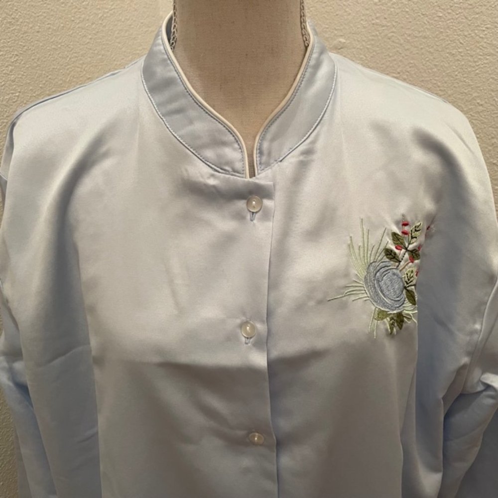 BabyBlue Brushed Satin/Cotton Pajama Set w/Floral Embroidery Accent - Picture 3 of 9